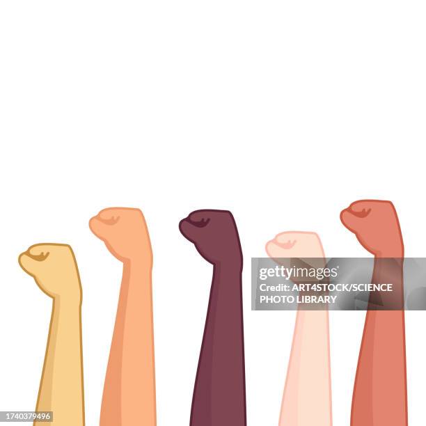 protesting inequality, conceptual illustration - protest people hands up cartoon stock illustrations
