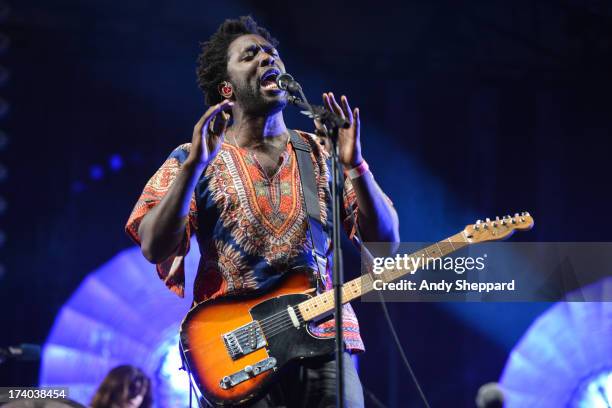 Kele Okereke of the ban Bloc Party performs on stage on Day 2 of Latitude Festival 2013 at Henham Park Estate on July 19, 2013 in Southwold, England.