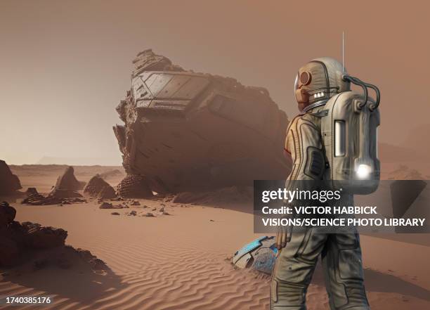 mars exploration, conceptual illustration - protective workwear stock illustrations