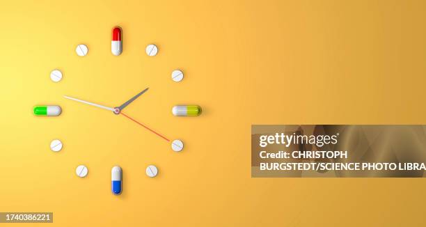 medication clock, conceptual illustration - tablet digital stock illustrations