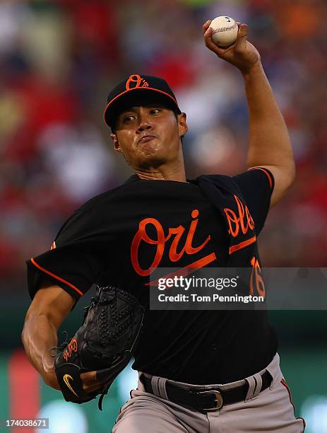 Wei-Yin Chen of the Baltimore Orioles pitches against the Texas Rangers in the bottom of the fourth inning at Rangers Ballpark in Arlington on July...