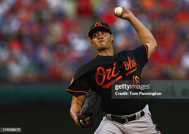 Wei-Yin Chen of the Baltimore Orioles pitches against the Texas Rangers in the bottom of the fourth inning at Rangers Ballpark in Arlington on July...