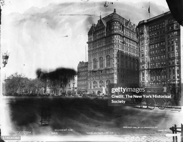 59th Street entrance to Central Park, the Millionaires' Club, the Hotel Netherland, and the Savoy Hotel, New York, New York, 1894.