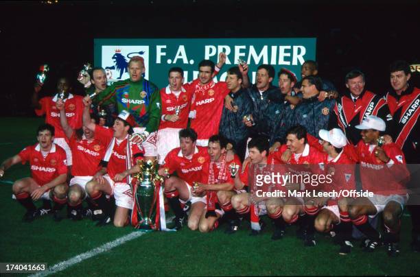 May 1993 Premiership Football - Manchester United v Blackburn Rovers - United squad celebrate as they are crowned champions of the FA premier League,.