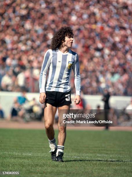 June 1979 - International football - Scotland v Argentina - Argentinian defender Alberto Tarantini with exposed legs in his short shorts and rolled...