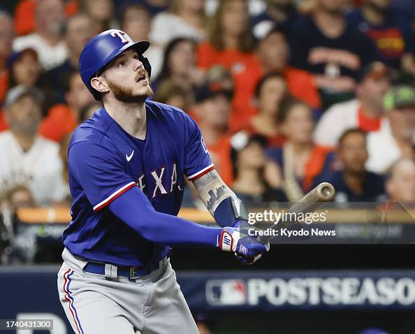 Texas Ranger Heim Jonah Heim of the Texas Rangers hits a two-run home run against the ...