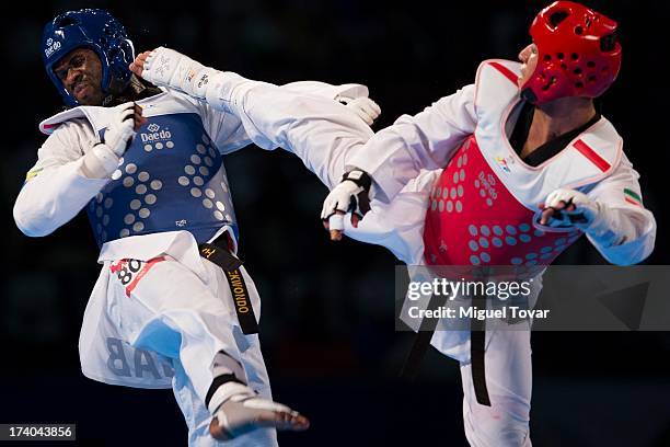 Anthony Obame of Gabon competes with Sajjad Mardani of Iran during the men's +87 kg final combat of WTF World Taekwondo Championships 2013 at the...