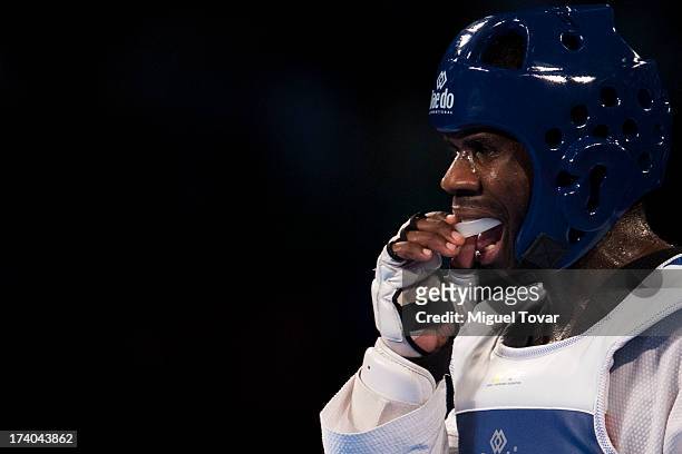 Anthony Obame of Gabon competes with Sajjad Mardani of Iran during the men's +87 kg final combat of WTF World Taekwondo Championships 2013 at the...