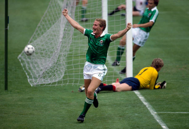 July 1982 Football World Cup Austria v Northern Ireland - Billy Hamilton celebrates his goal for Northern Ireland.