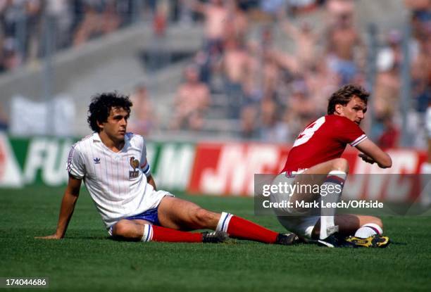 World Cup Football 1982, France v England, Phil Thompson and Michel Platini.