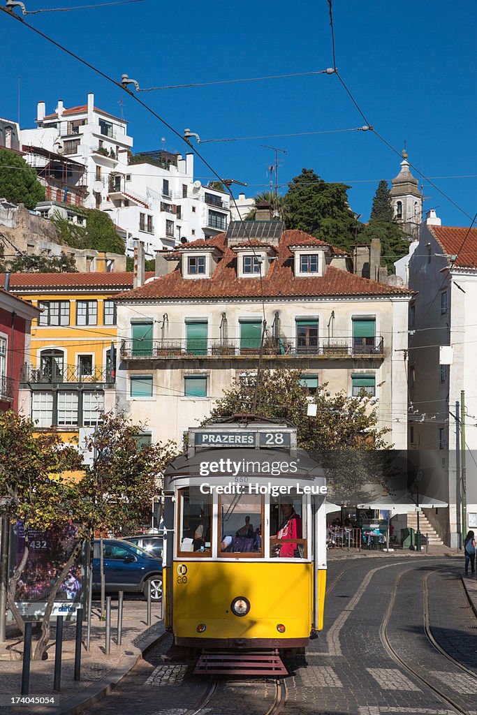 Electrico 28 tram tracks in Alfama district