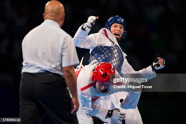 In-Jong Lee of Korea competes with Casandra Ikonen of Sweden during the women«s -73 kg semifinal combat of WTF World Taekwondo Championships 2013 at...