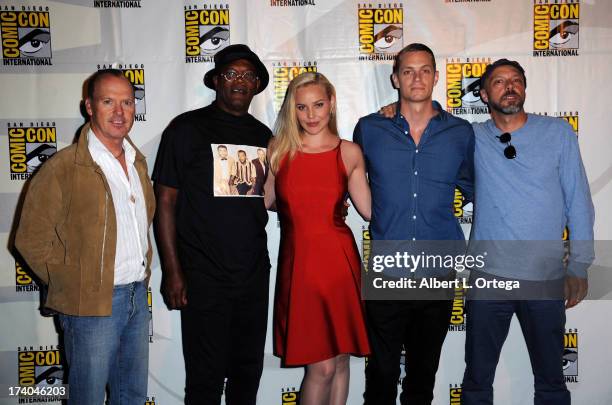 Actor Michael Keaton, actor Samuel L. Jackson, actress Abbie Cornish, actor Joel Kinnaman and director Jose Padilha appear at the Sony and Screen...