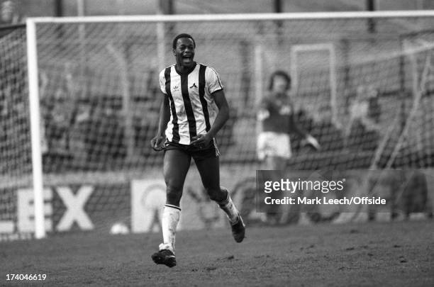 January 1983 Football League Division One. Notts County v Arsenal. Justin Fashanu celebrates after scoring the winning goal for County in front of a...