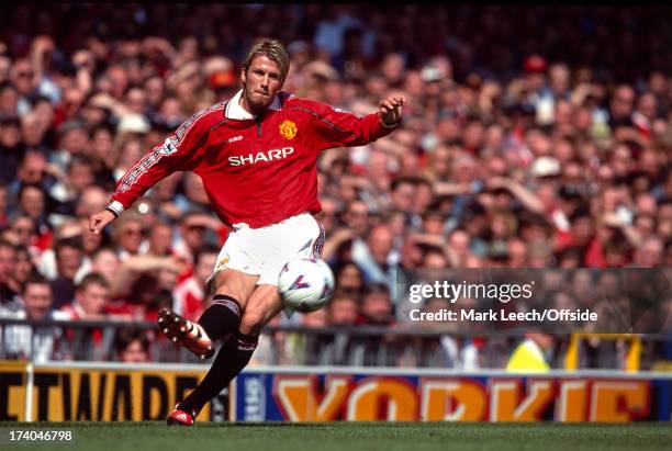 May 1999 Premiership football - Manchester United v Aston Villa David Beckham crosses the ball for United.