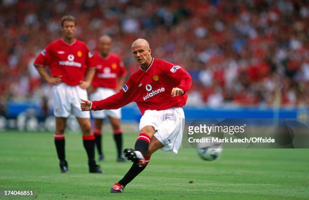 August 2000 FA Charity Shield - Chelsea v Manchester United The shaven headed David Beckham takes a free kick for United.