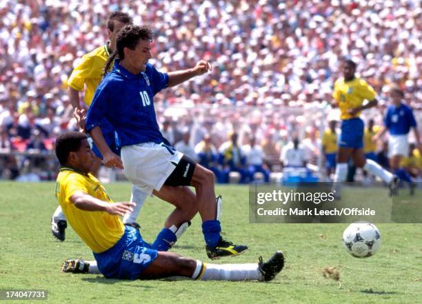 July 1994 Football World Cup 1994, Brazil v Italy, Mauro Silva tackles Roberto Baggio.