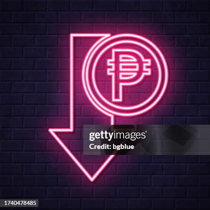 Peso decrease. Glowing neon icon on brick wall background Peso decrease. Glowing neon icon on brick wall background