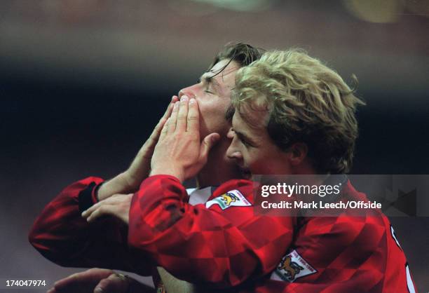 August 1996 - FA Charity Shield - Manchester United v Newcastle United - Goalscorer David Beckham is hugged by Jordi Cruyff as he celebrates.