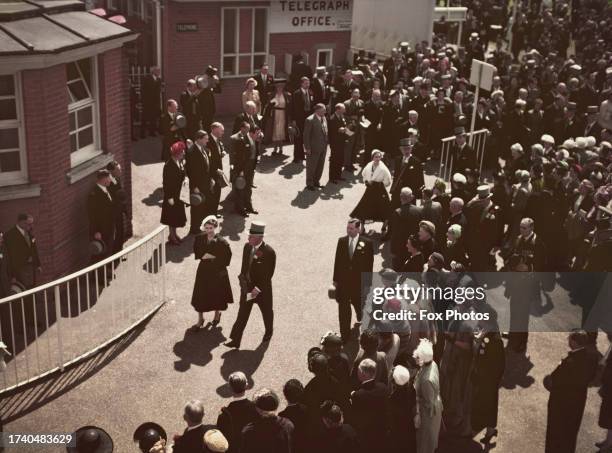 Elevated view of Queen Elizabeth II attending Royal Ascot in Berkshire, June 1953.