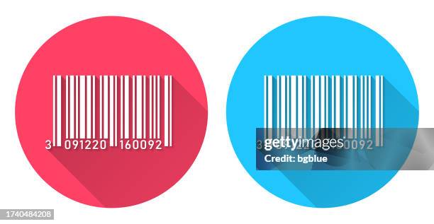 barcode. round icon with long shadow on red or blue background - 2 synchronised stock illustrations