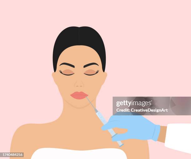 stockillustraties, clipart, cartoons en iconen met young woman getting filler injection in lips. lip augmentation. aesthetic medicine concept - botox