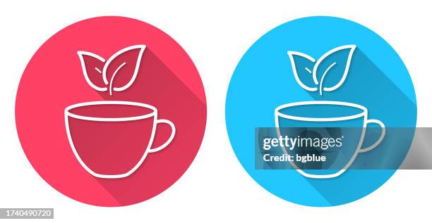 stockillustraties, clipart, cartoons en iconen met cup and tea leaves. round icon with long shadow on red or blue background - theeblaadjes