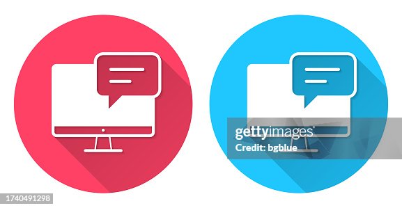 Desktop computer with speech bubble. Round icon with long shadow on red or blue background Desktop computer with speech bubble. Round icon with long shadow on red or blue background
