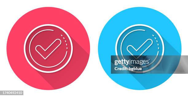 check mark. round icon with long shadow on red or blue background - choosing between two things stock illustrations