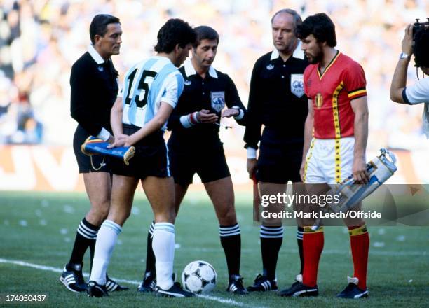 World Cup 1982, Spain, Argentina v Belgium, Pasarella and Gerets stand with the referee for the coin toss.