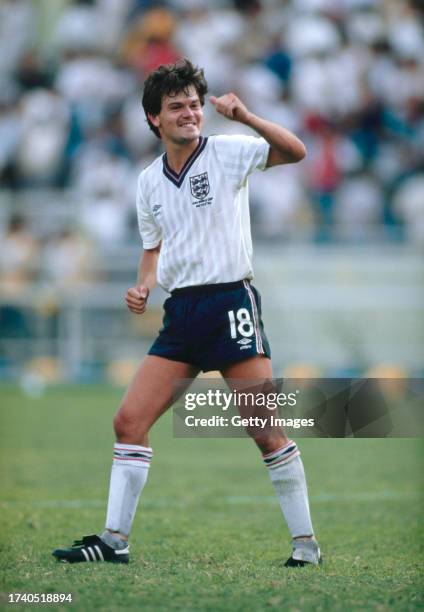 England player Steve Hodge pictured celebrating after the 1986 FIFA World cup match against Poland in Monterrey, Mexico on June 11th, 1986 at the...