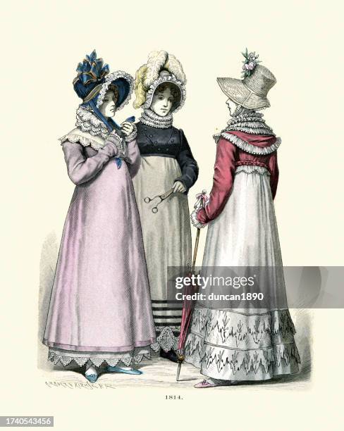 early 19th century women's fashions, empire silhouette high-waisted dress coats, 1810s - bonnet hat stock illustrations