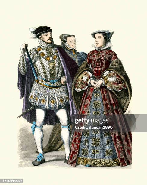 elizabethan fashions, 16th century history, henry stuart, lord darnley, frances grey, duchess of suffolk, mary queen of scots - elizabethan ruff stock illustrations