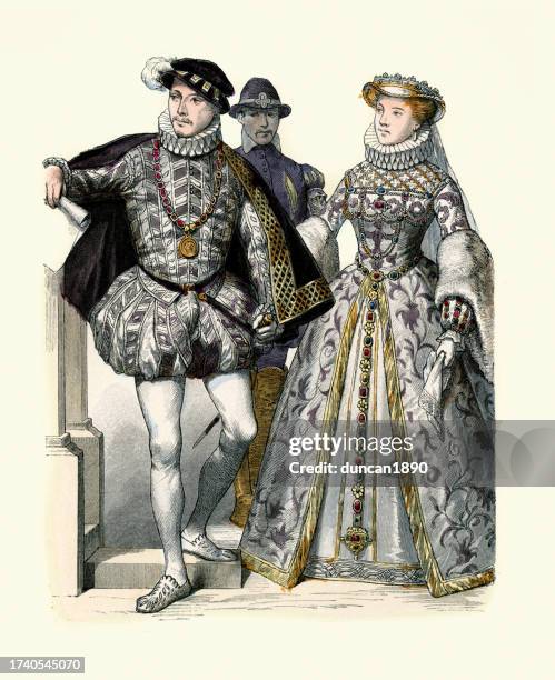 king charles ix of france and elisabeth of austria, queen of france 16th century fashion - slit clothing stock illustrations