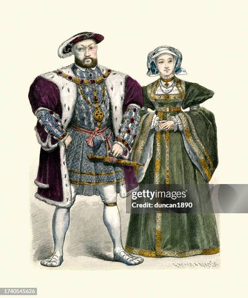 king henry viii of england and anne of cleves his fourth wife, tudor fashion, 16th century, history - 16th century style stock illustrations