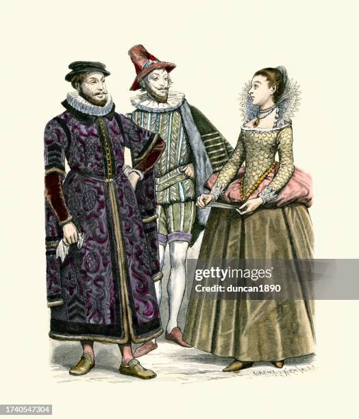 merchant of london, chevalier, lady of the court of queen elizabeth, english tudor, elizabethian fashion - 16th century style stock illustrations