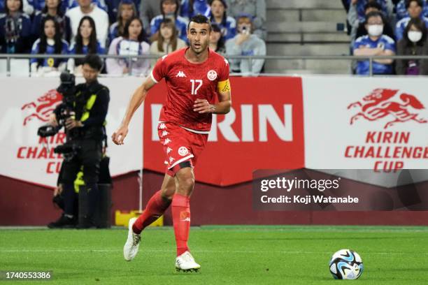 Elyes Skhiri of Tunisia in action during the international friendly match between Japan and Tunisia at Noevir Stadium Kobe on October 17, 2023 in...