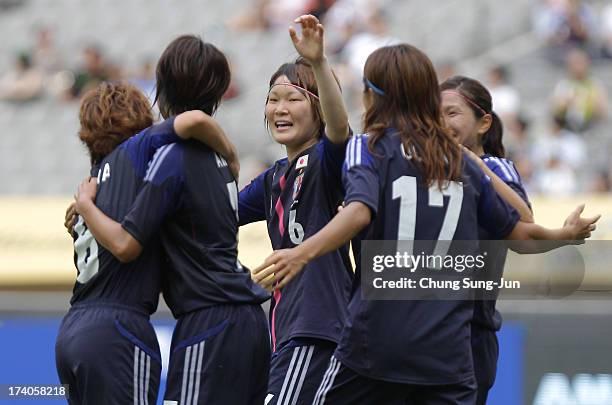 Kozue Ando of Japan celebrates with team mate after score during the EAFF Women's East Asian Cup match between Japan and China at Seoul World Cup...