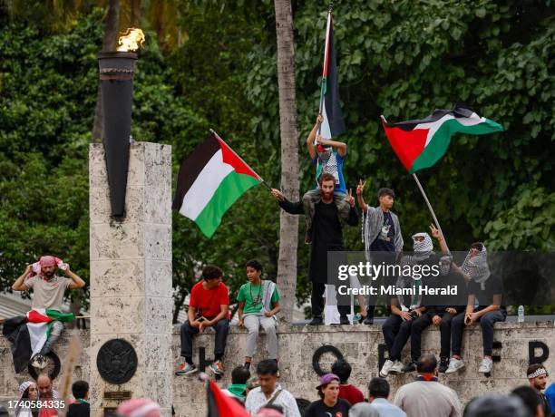 Demonstrators rally in support of Palestinians in Gaza during the conflict between Israel and Hamas at the Torch of Friendship in Bayfront Park in...