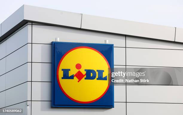 Lidl logo is displayed outside one of its stores on October 17, 2023 in Middlewich, United Kingdom.