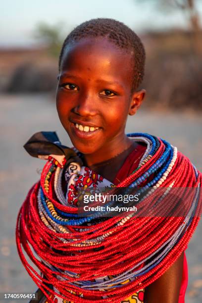 portrait of happy african young girl from samburu tribe, kenya, africa - east african tribe stock pictures, royalty-free photos & images