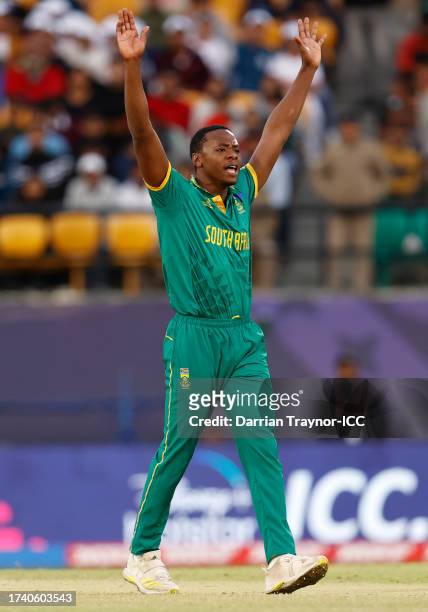 Kagiso Rabada of South Africa celebrates the wicket of Bas de Leede of South Africa during the ICC Men's Cricket World Cup India 2023 between South...