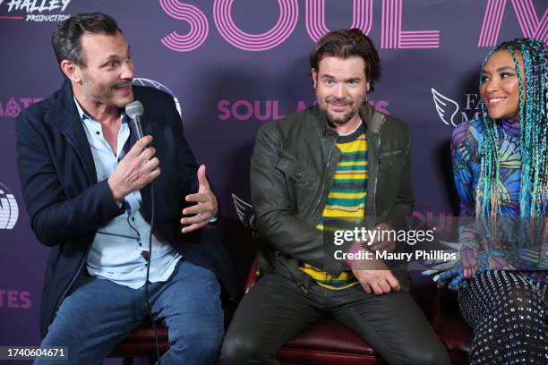 Mark Gantt, Charlie Weber and Annie lLonzeh speak during a Q&A at Soul Mates Hollywood Movie Premiere on October 16, 2023 in Los Angeles, California.