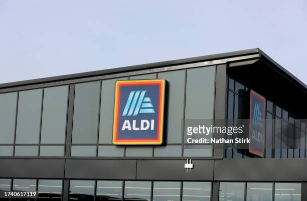 Aldi logo is displayed outside one of its stores on October 17, 2023 in Winsford, United Kingdom.