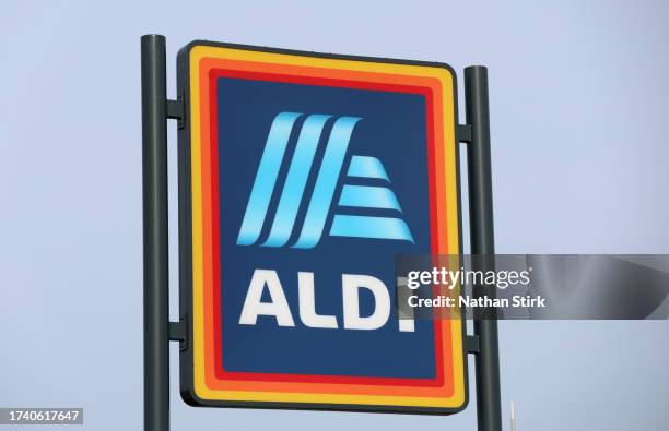 Aldi logo is displayed outside one of its stores on October 17, 2023 in Winsford, United Kingdom.