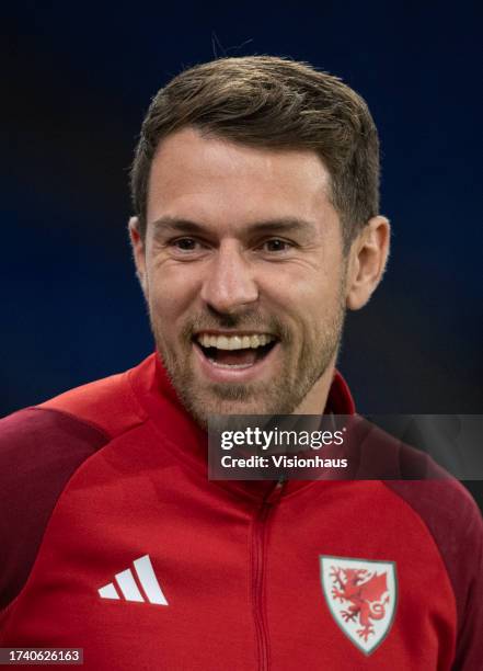 Smiling Aaron Ramsey of Wales ahead of the UEFA EURO 2024 European qualifier match between Wales and Croatia at Cardiff City Stadium on October 15,...