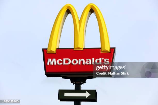 The American fast food company, McDonalds logo is displayed outside one of its stores on October 17, 2023 in Winsford, United Kingdom.