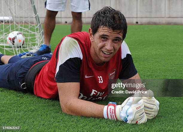 Damian Martinez of Arsenal FC during a training session in Japan for the club's pre-season Asian tour at the Mizuho Park Rugby Stadium on July 20,...