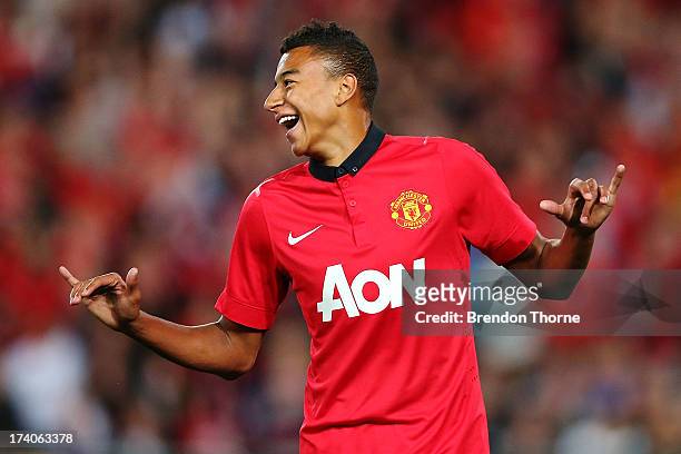 Jesse Lingard of Manchester United celebrates after scoring the opening goal during the match between the A-League All-Stars and Manchester United at...