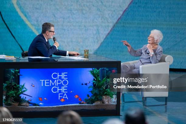 Italian host Fabio Fazio and Italian senator Liliana Segre in the first episode of the television show Che Tempo Che Fa broadcast on Discovery...